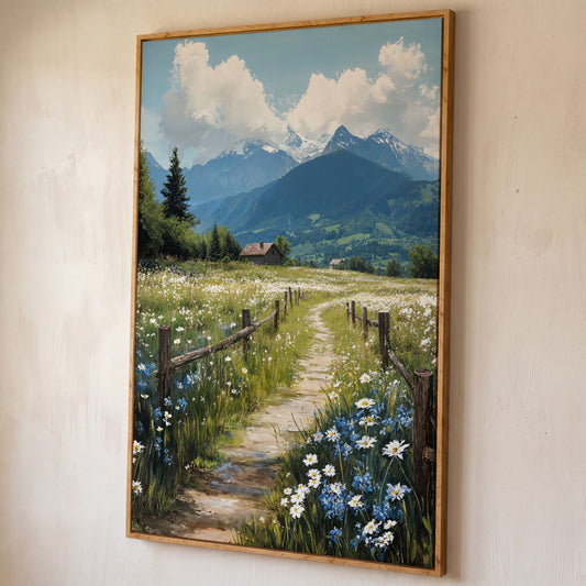 Wildflower Path and Cottage Canvas shown in white oak floating frame