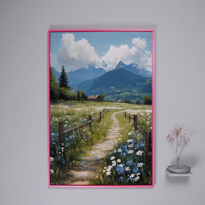 Wildflower Path and Cottage Canvas in pink floating frame