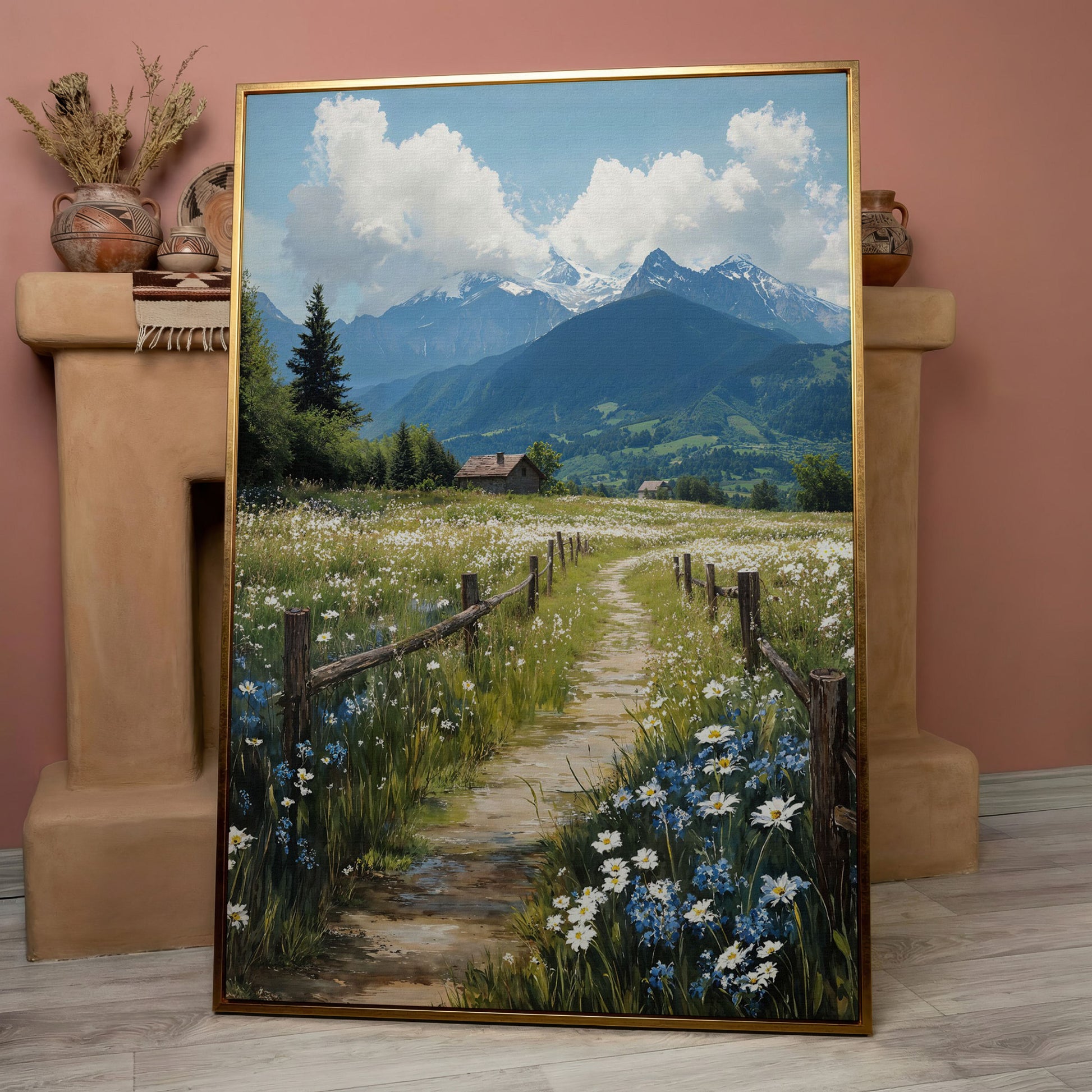 Wildflower Path and Cottage Canvas in rose gold floating frame