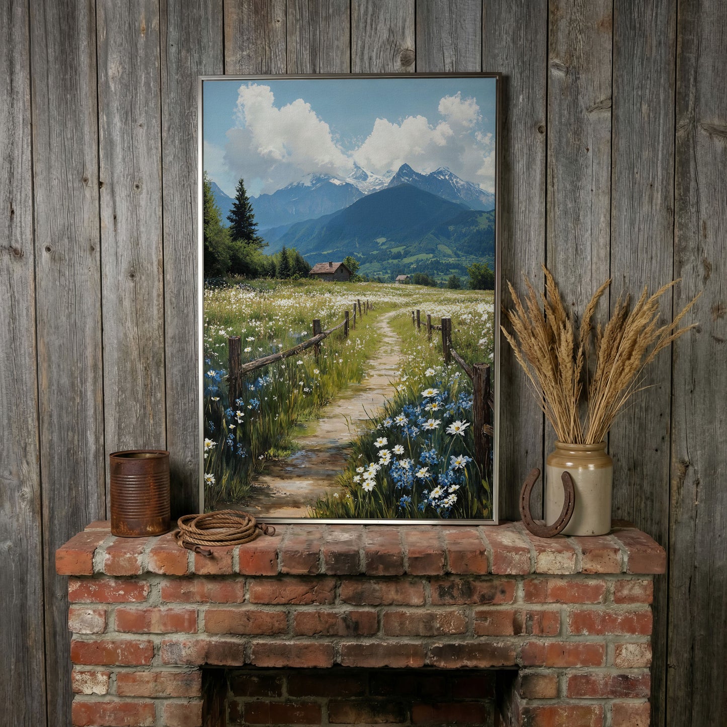 Wildflower Path and Cottage Canvas in silver floating frame