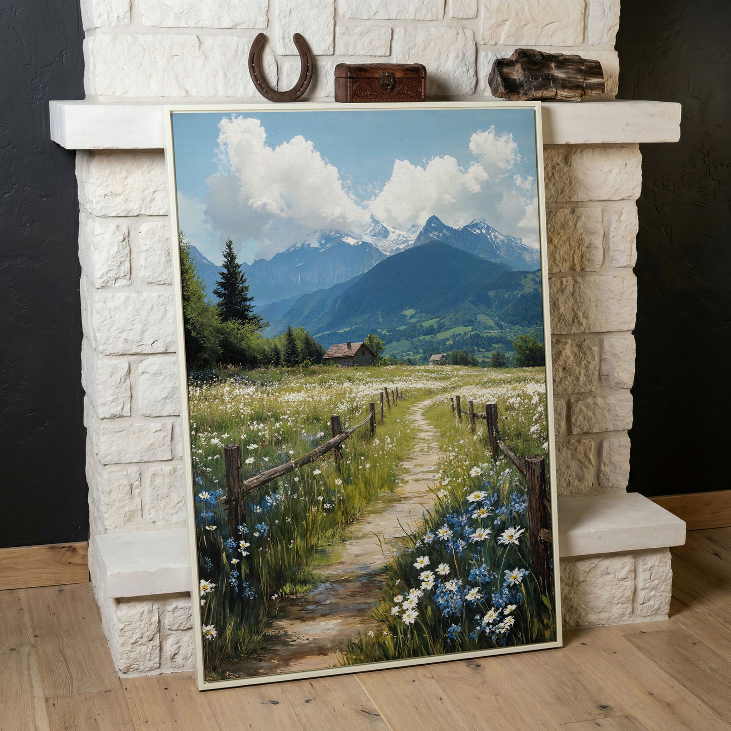 Wildflower Path and Cottage Canvas in white floating frame