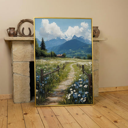 Wildflower Path and Cottage Canvas in yellow gold floating frame