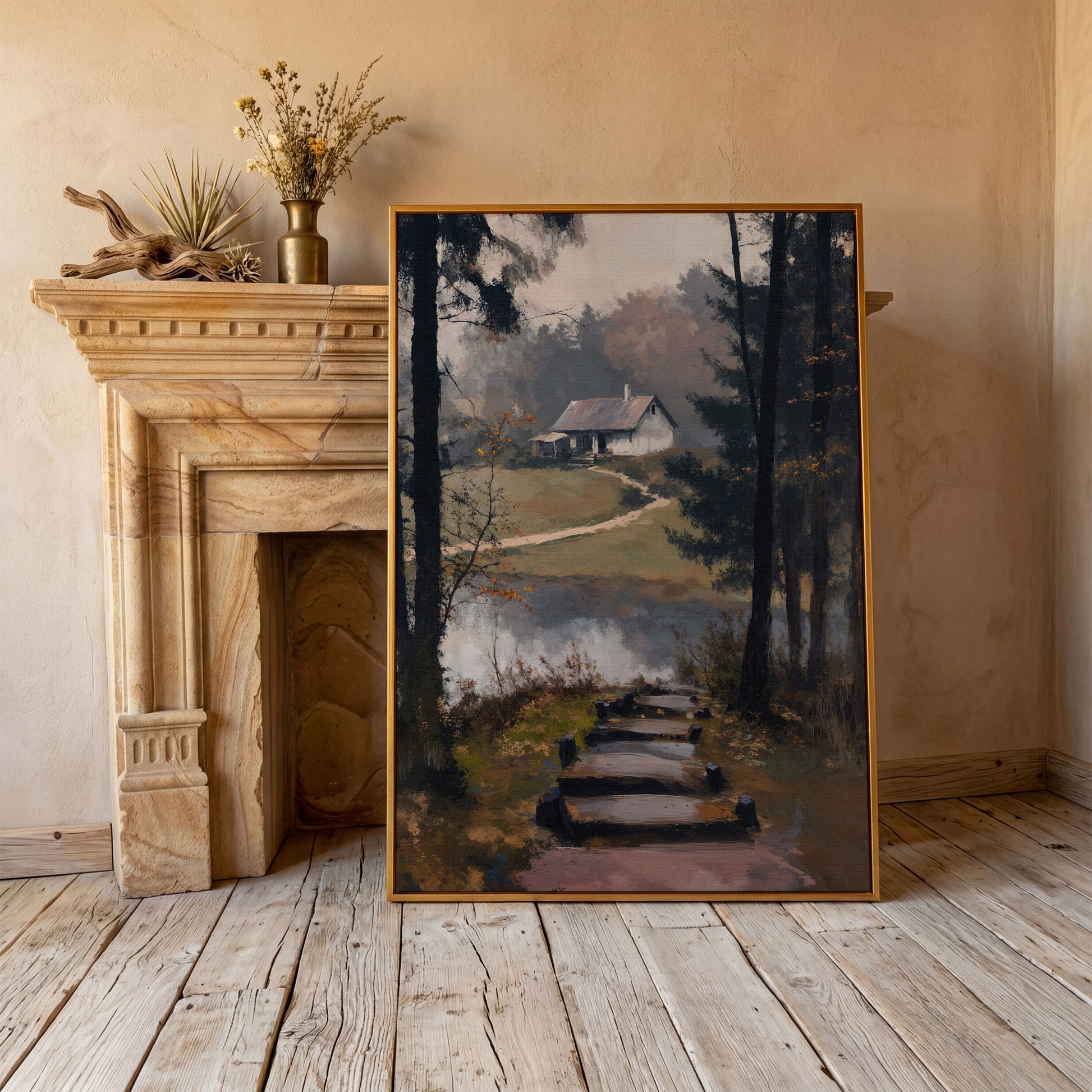 Woodland Cabin with Stone Path Canvas in antique gold floating frame