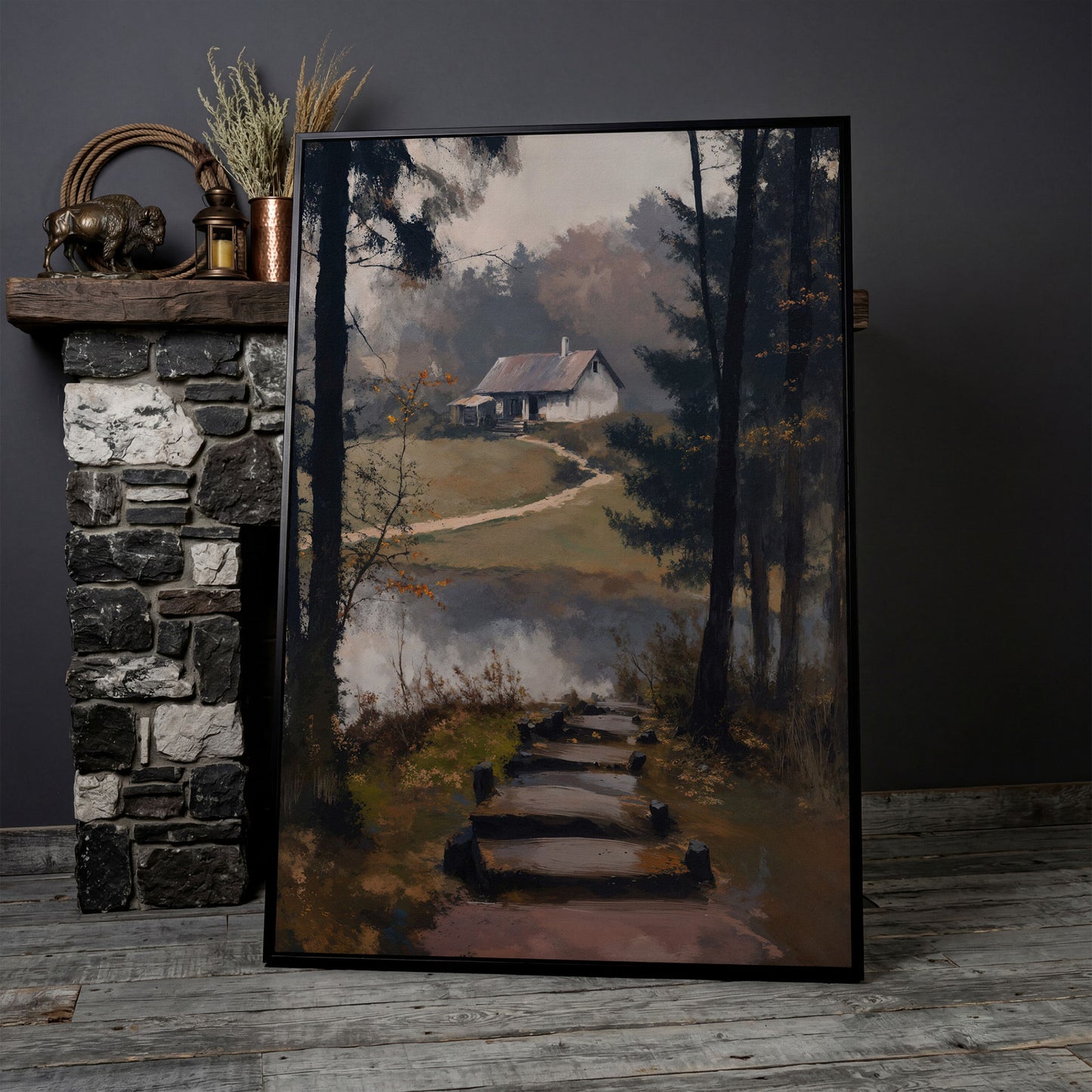 Woodland Cabin with Stone Path Canvas in black floating frame
