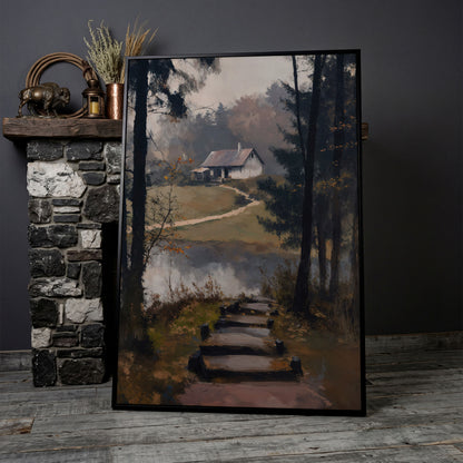Woodland Cabin with Stone Path Canvas in black floating frame