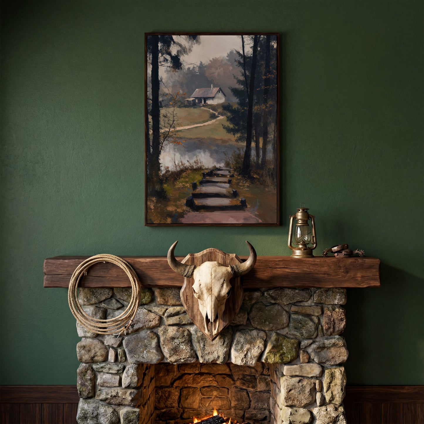 Woodland Cabin with Stone Path Canvas in dark walnut floating frame