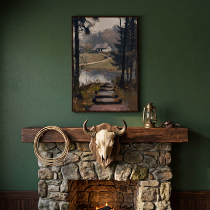Woodland Cabin with Stone Path Canvas in dark walnut floating frame