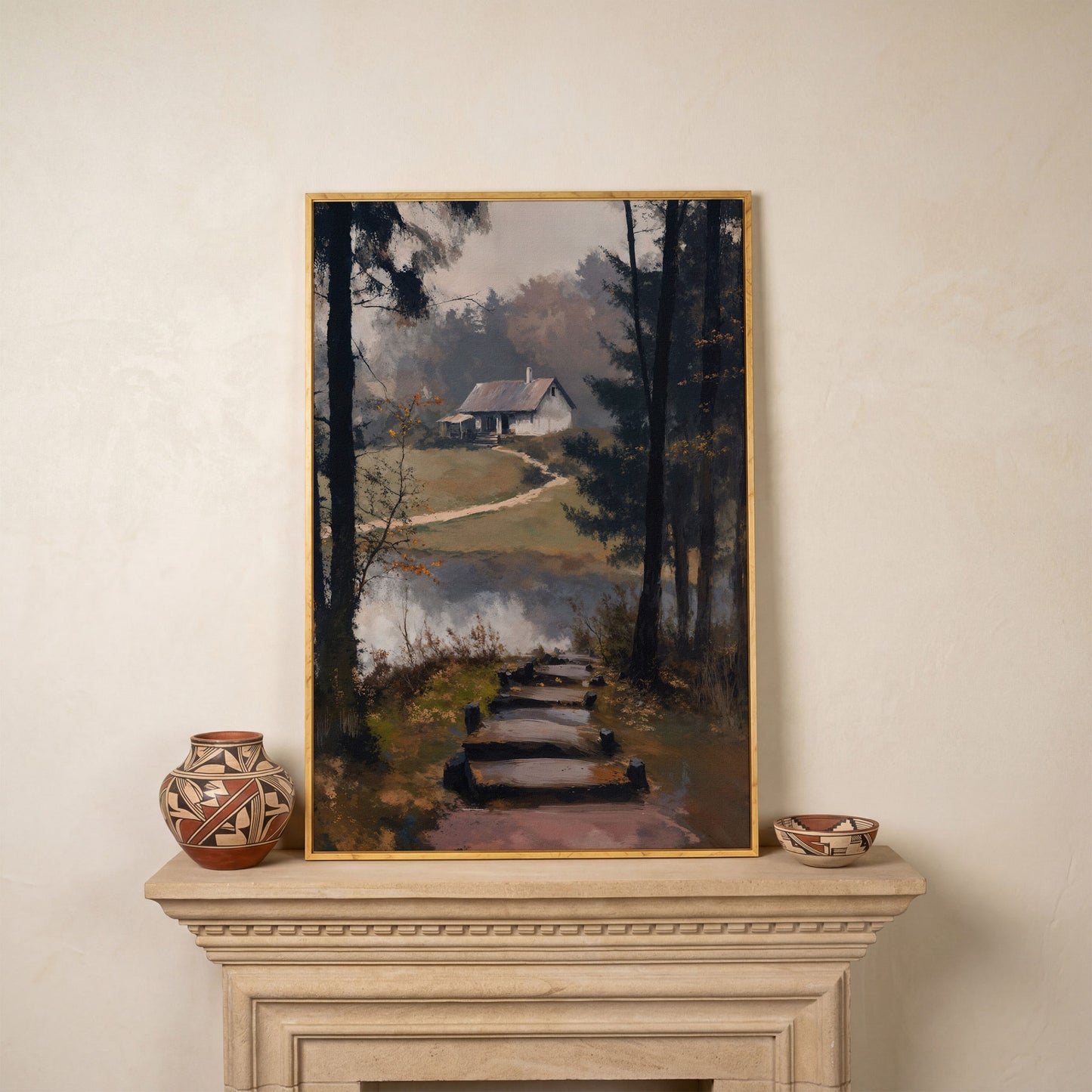 Woodland Cabin with Stone Path Canvas in white oak floating frame