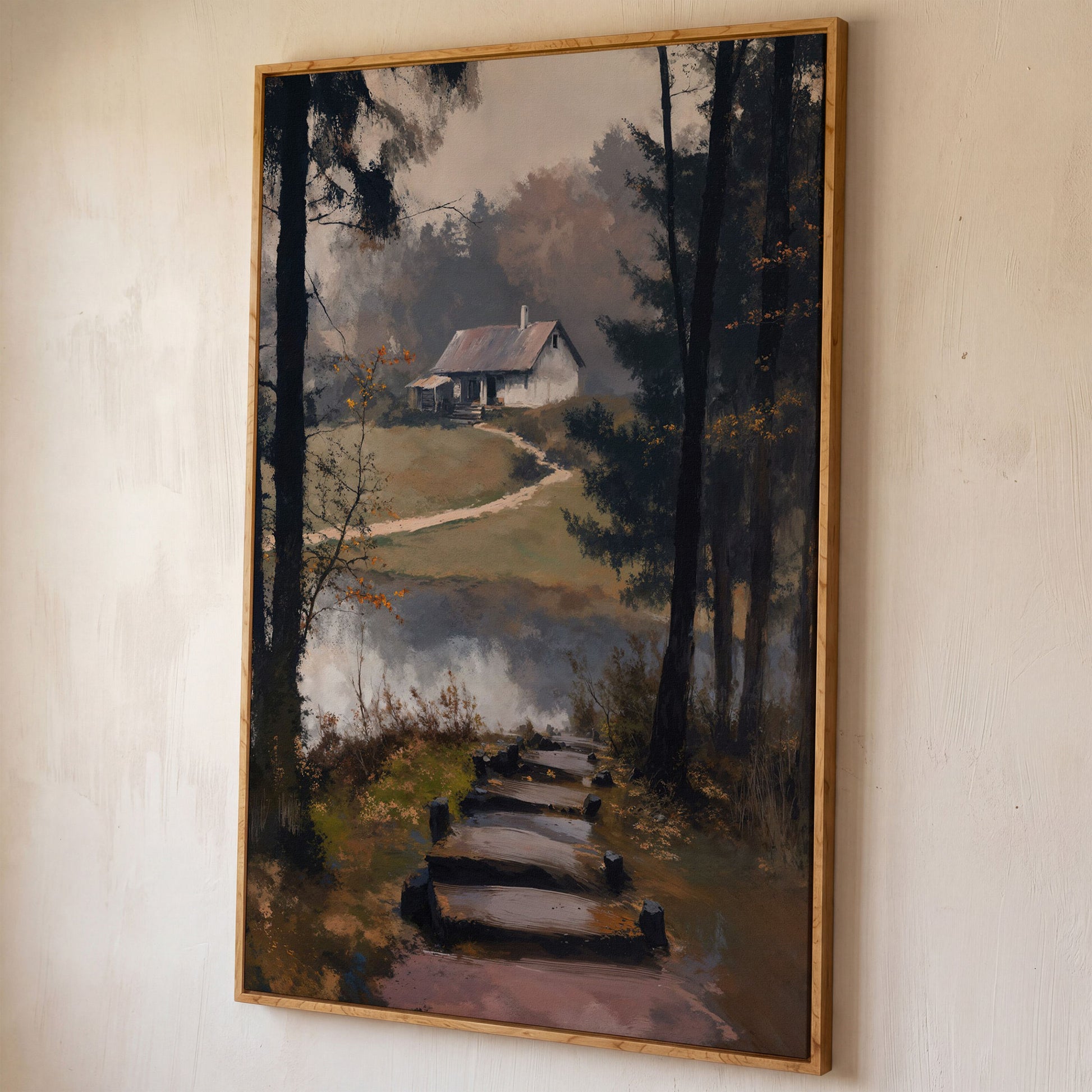 Woodland Cabin with Stone Path Canvas shown in white oak floating frame