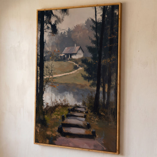 Woodland Cabin with Stone Path Canvas shown in white oak floating frame