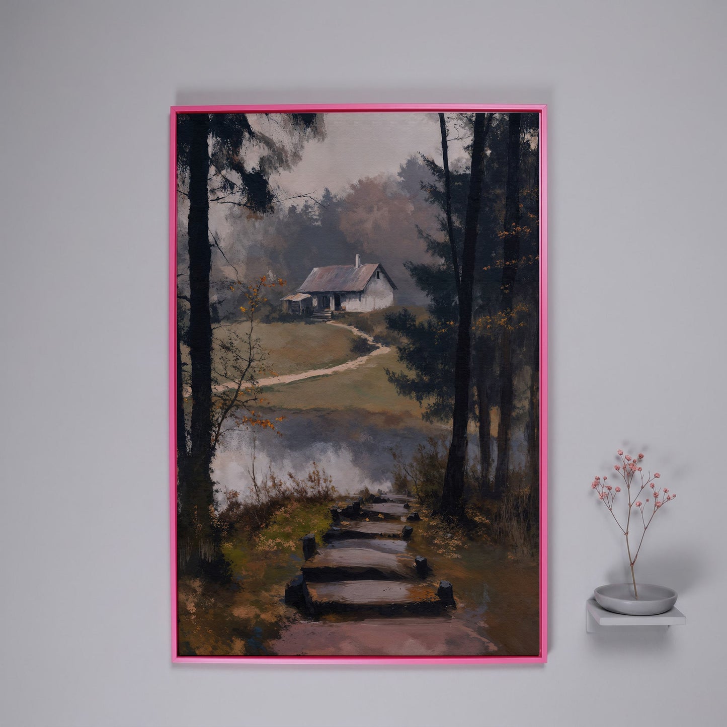 Woodland Cabin with Stone Path Canvas in pink floating frame