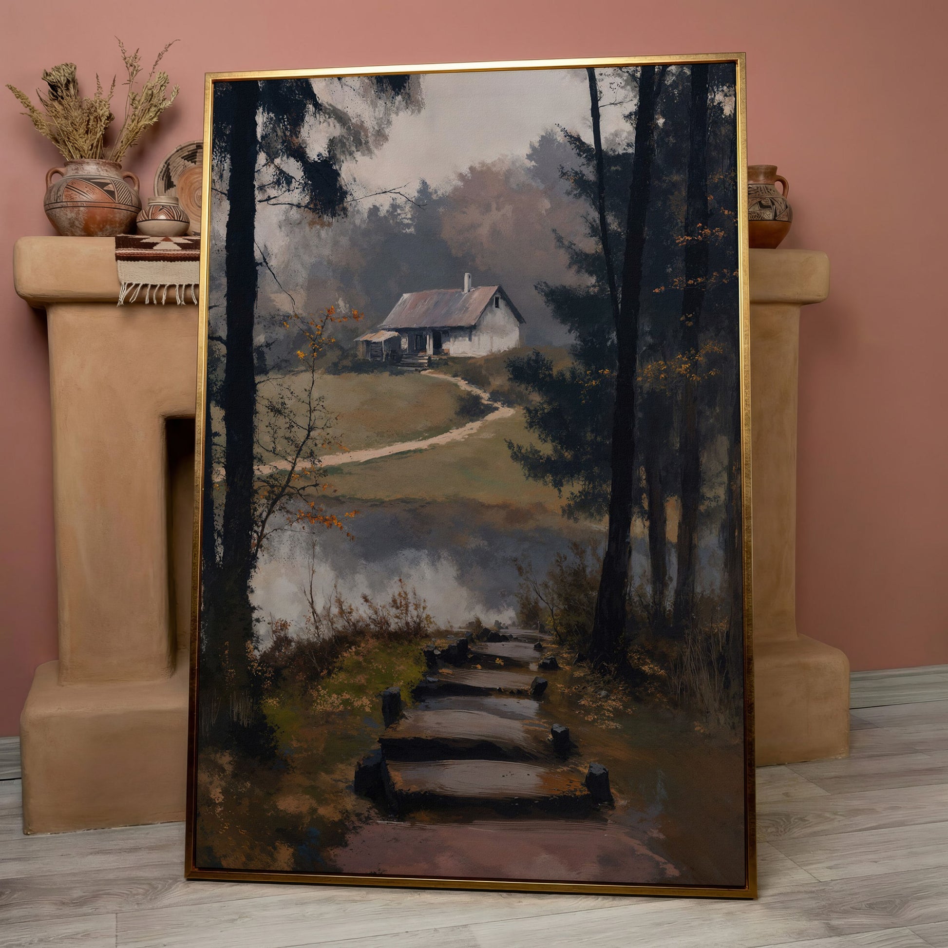 Woodland Cabin with Stone Path Canvas in rose gold floating frame