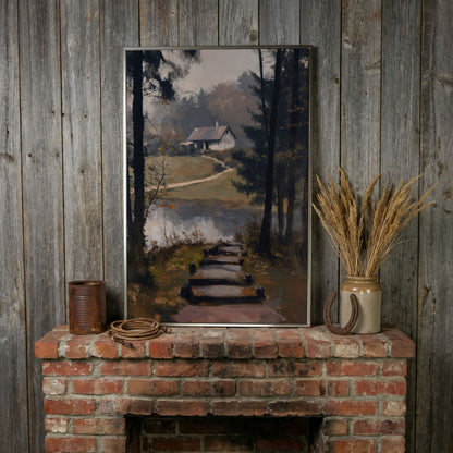 Woodland Cabin with Stone Path Canvas in silver floating frame
