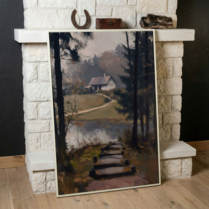 Woodland Cabin with Stone Path Canvas in white floating frame