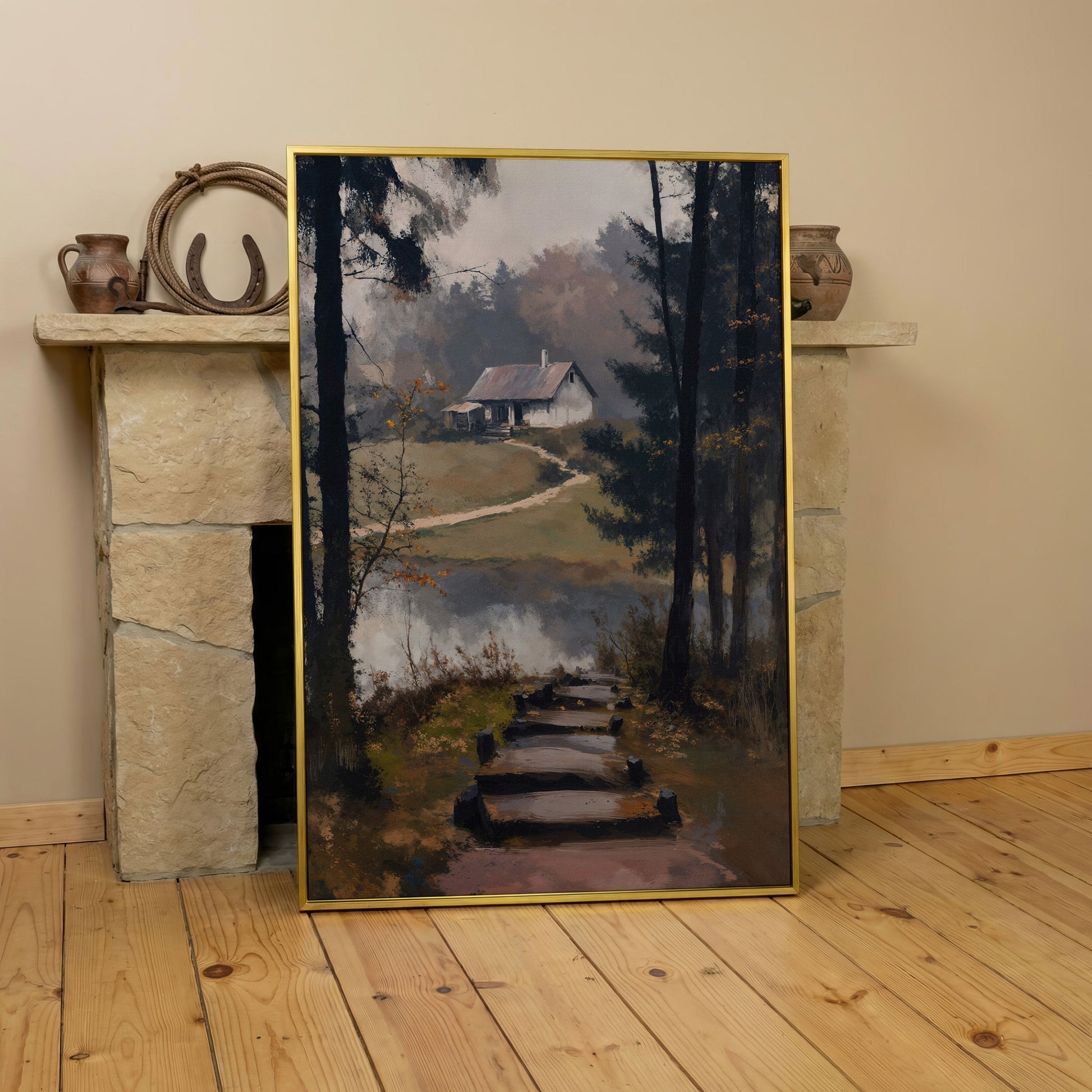 Woodland Cabin with Stone Path Canvas in yellow gold floating frame