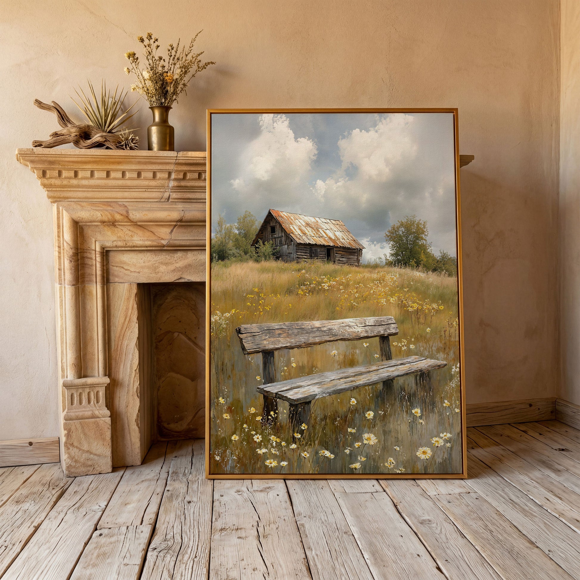 Old Barn and Wildflower Field Canvas Wall Art, Rustic Farmhouse in antique gold floating frame