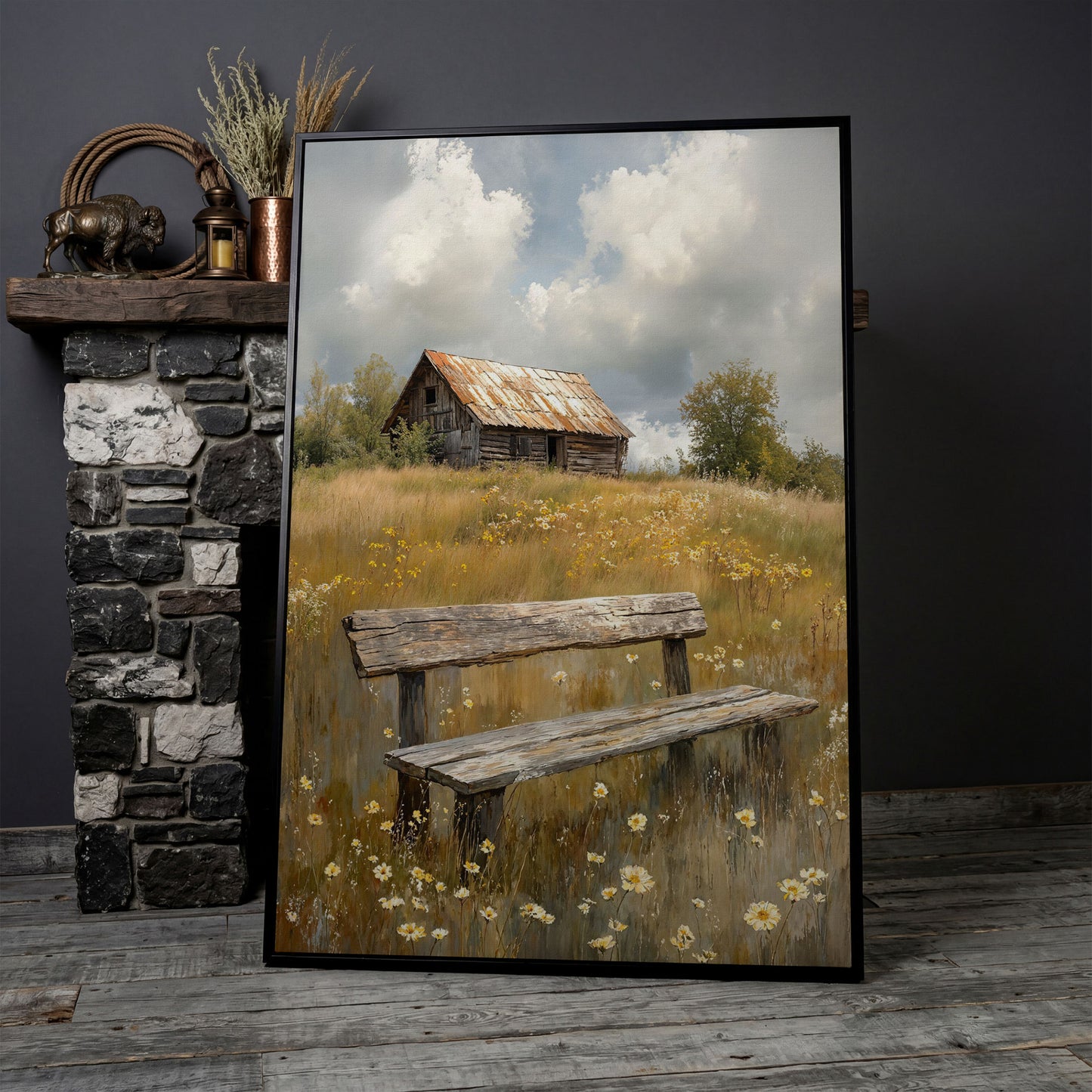 Old Barn and Wildflower Field Canvas Wall Art, Rustic Farmhouse in black floating frame