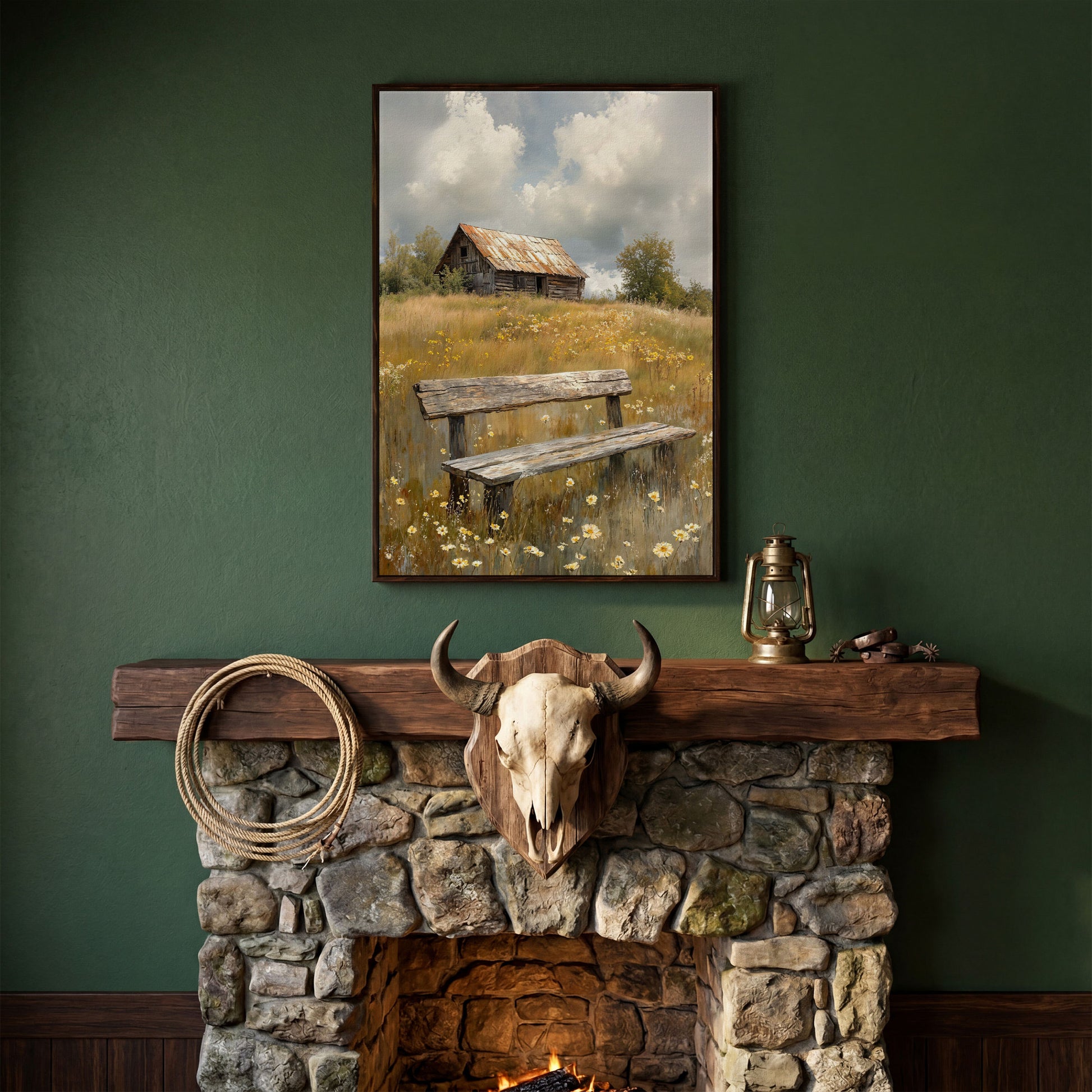 Old Barn and Wildflower Field Canvas Wall Art, Rustic Farmhouse in dark walnut floating frame