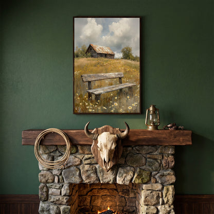 Old Barn and Wildflower Field Canvas Wall Art, Rustic Farmhouse in dark walnut floating frame