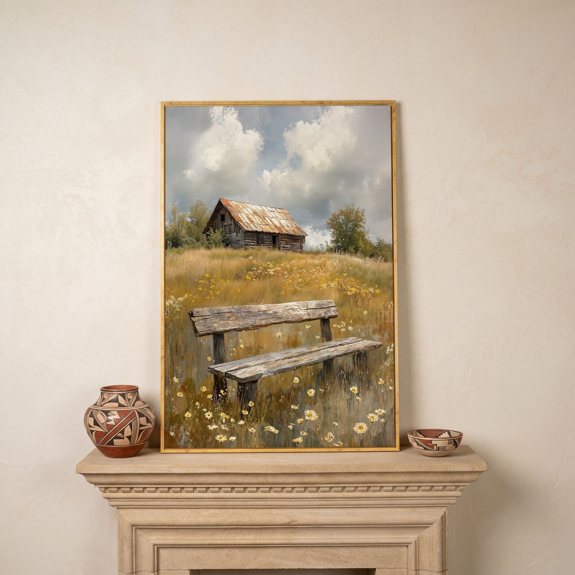 Old Barn and Wildflower Field Canvas Wall Art, Rustic Farmhouse in white oak floating frame
