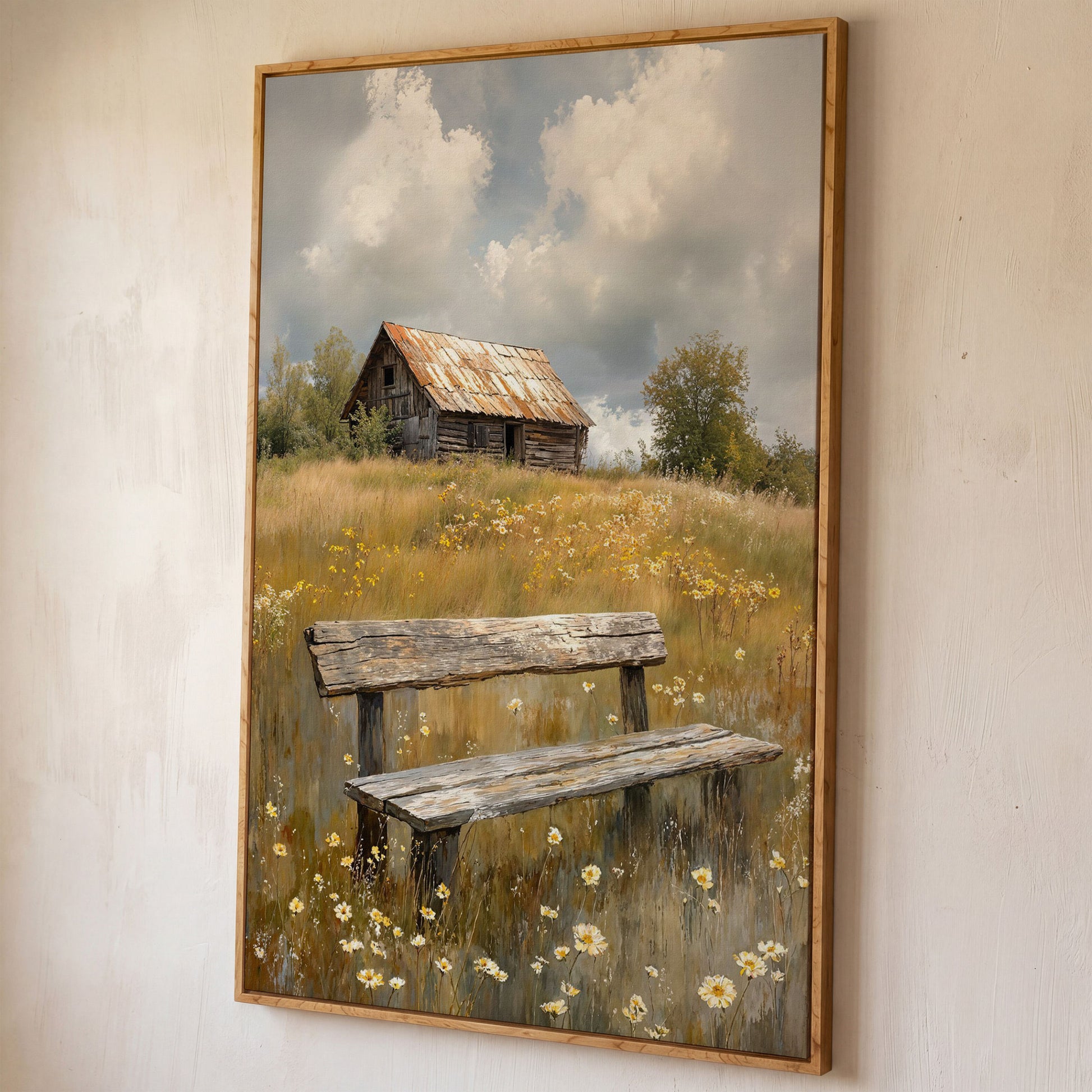 Old Barn and Wildflower Field Canvas Wall Art, Rustic Farmhouse shown in white oak floating frame