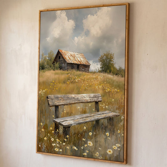 Old Barn and Wildflower Field Canvas Wall Art, Rustic Farmhouse shown in white oak floating frame