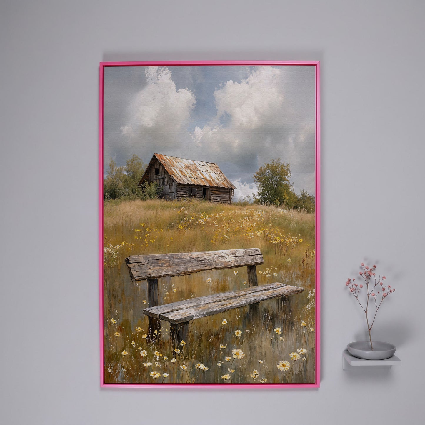 Old Barn and Wildflower Field Canvas Wall Art, Rustic Farmhouse in pink floating frame