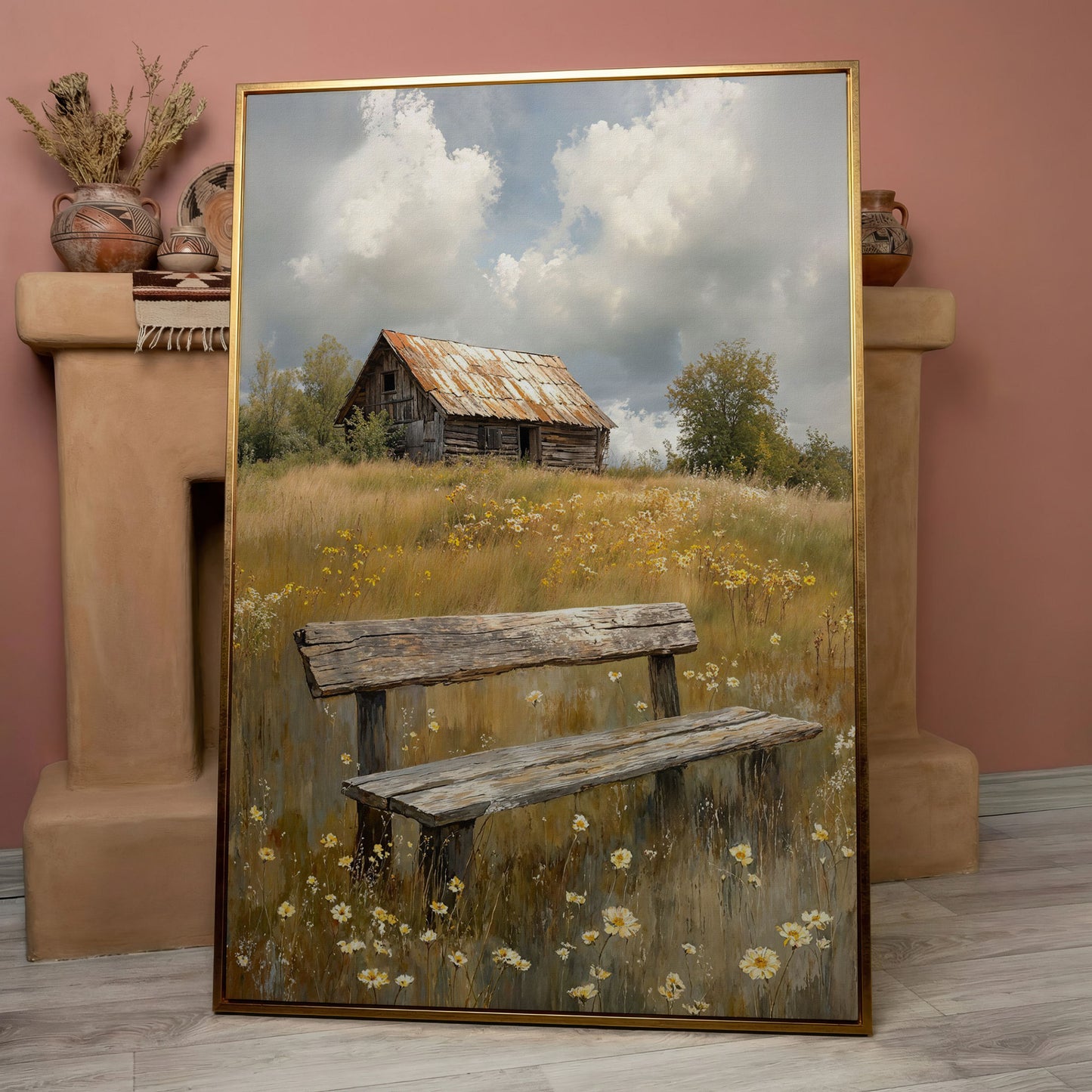Old Barn and Wildflower Field Canvas Wall Art, Rustic Farmhouse in rose gold floating frame