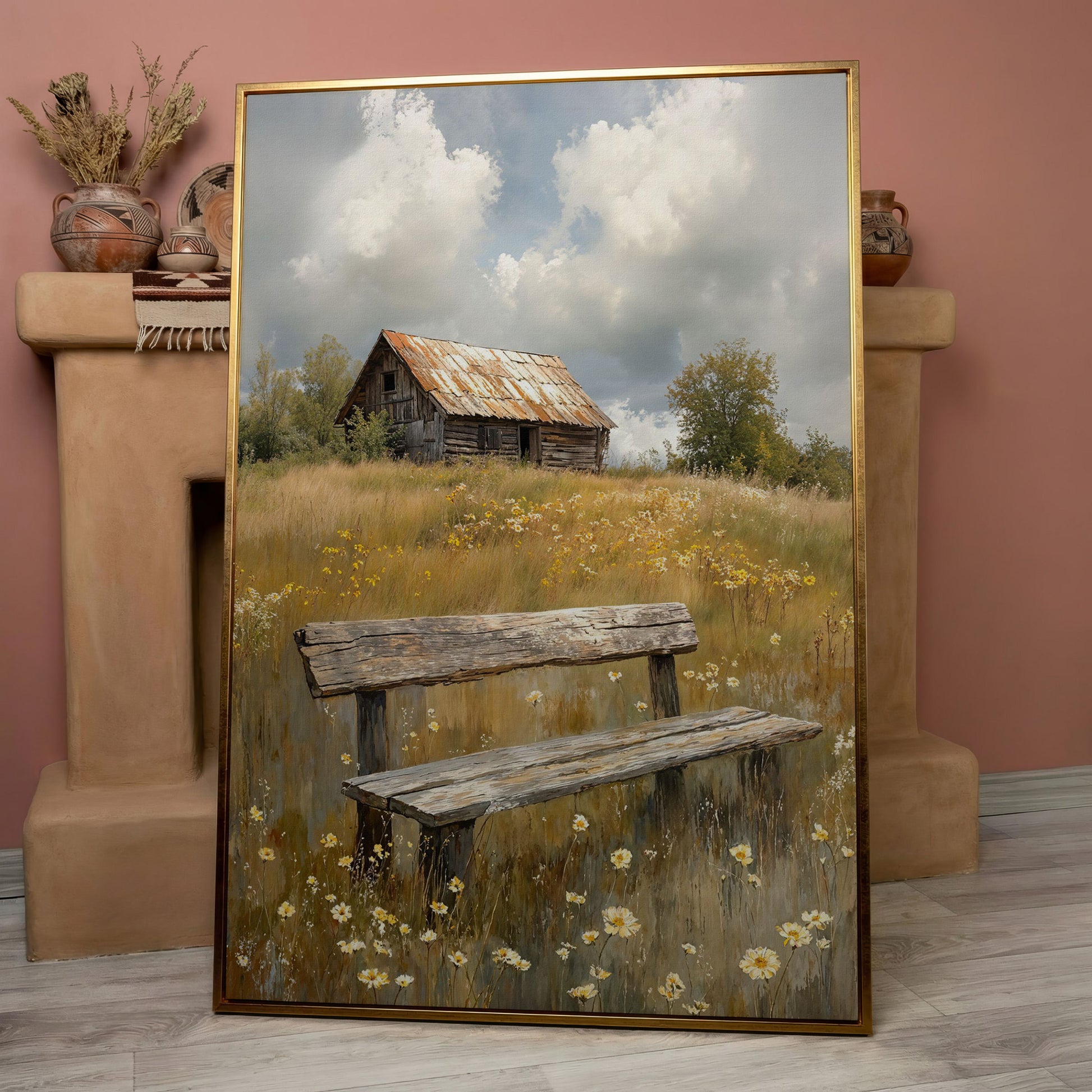 Old Barn and Wildflower Field Canvas Wall Art, Rustic Farmhouse in rose gold floating frame