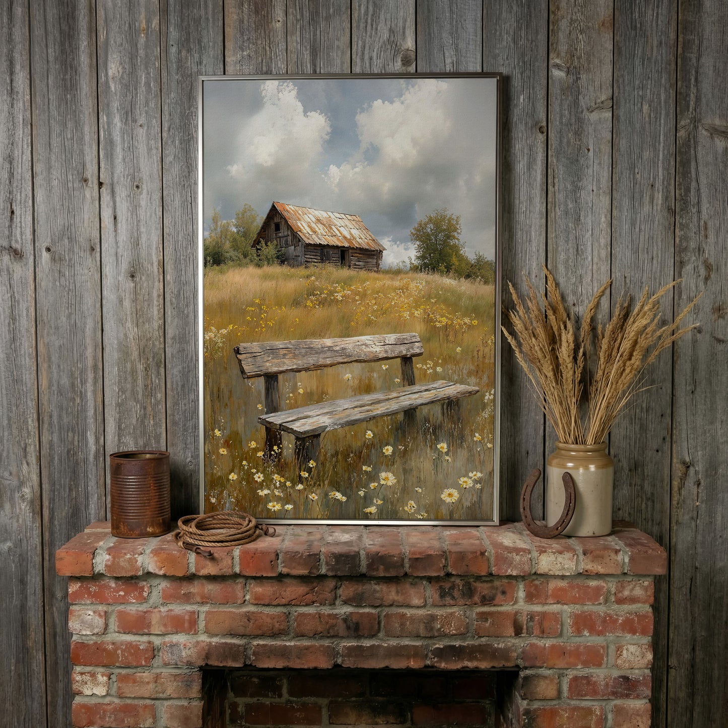 Old Barn and Wildflower Field Canvas Wall Art, Rustic Farmhouse in silver floating frame