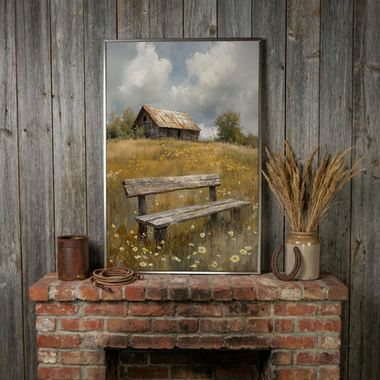Old Barn and Wildflower Field Canvas Wall Art, Rustic Farmhouse in silver floating frame