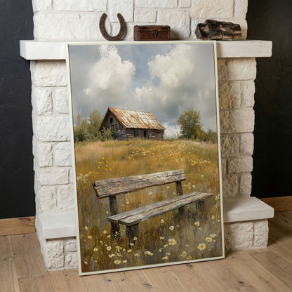 Old Barn and Wildflower Field Canvas Wall Art, Rustic Farmhouse in white floating frame