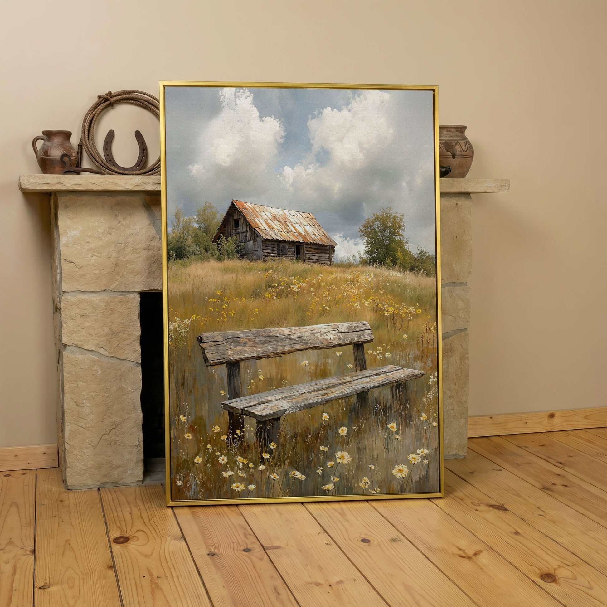 Old Barn and Wildflower Field Canvas Wall Art, Rustic Farmhouse in yellow gold floating frame