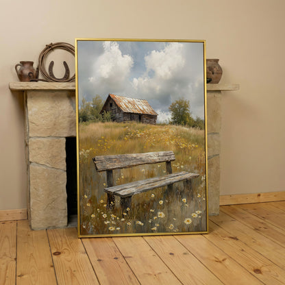 Old Barn and Wildflower Field Canvas Wall Art, Rustic Farmhouse in yellow gold floating frame