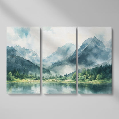 Watercolor Mountains and Forest Canvas Print as 3-panel split version