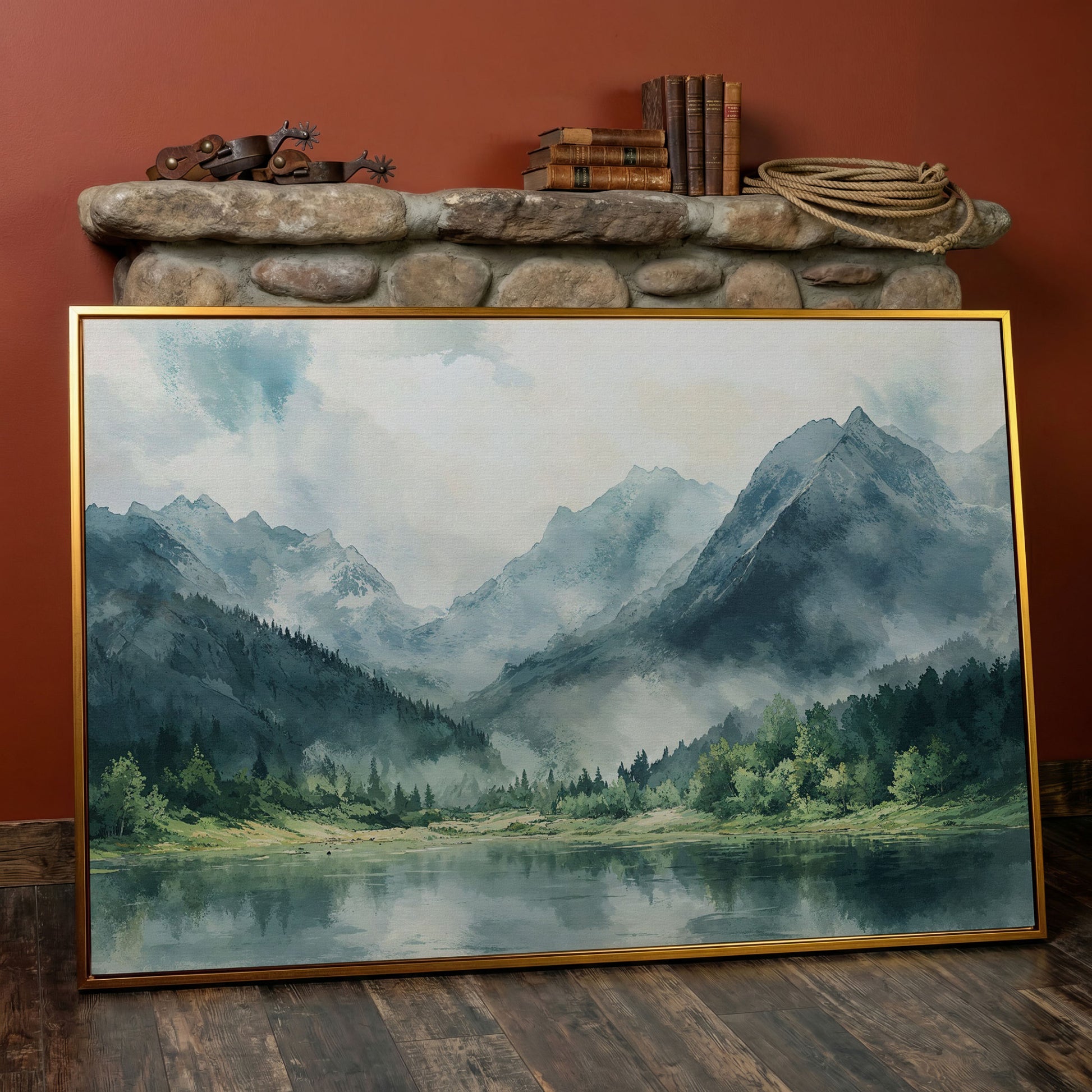 Watercolor Mountains and Forest Canvas Print in antique gold floating frame
