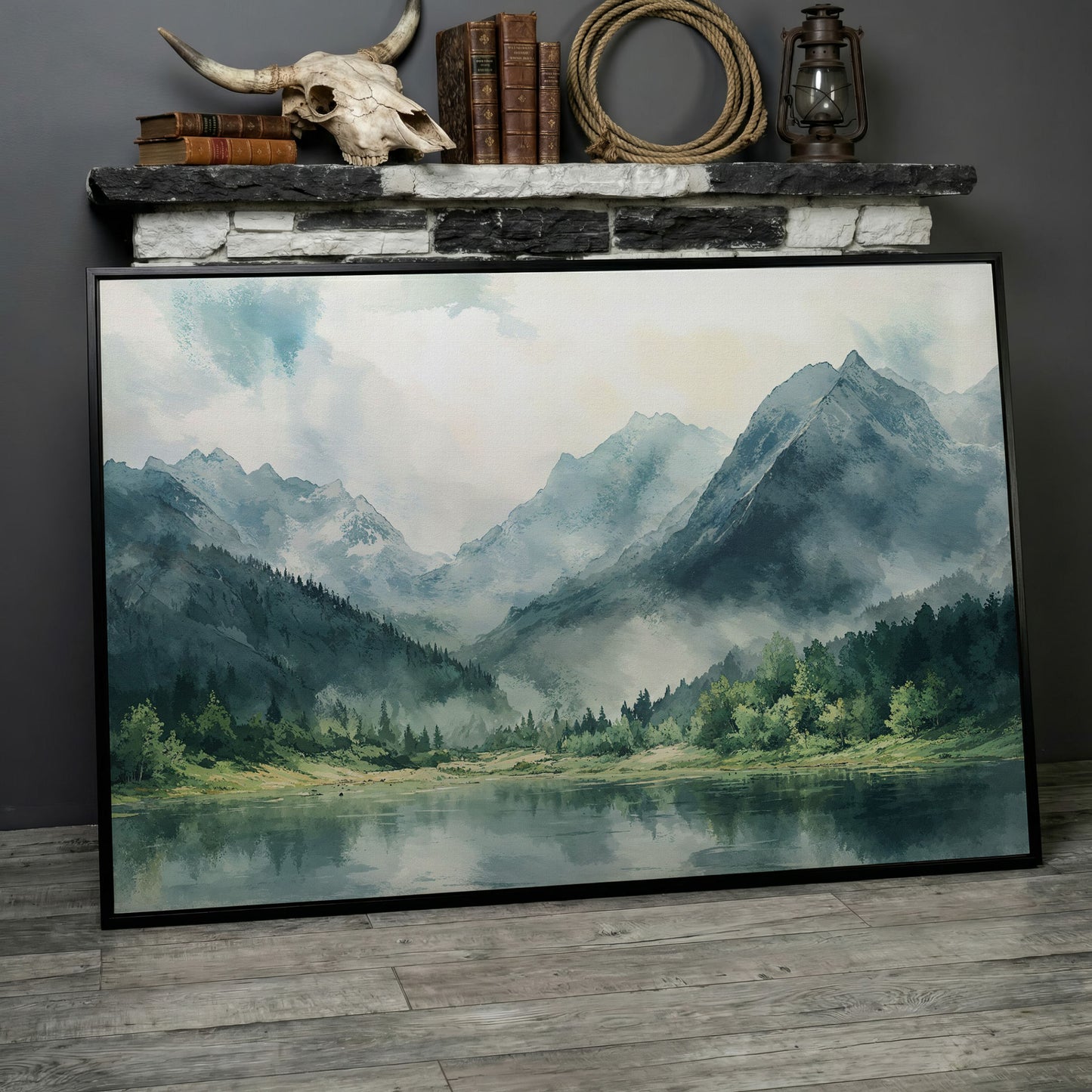 Watercolor Mountains and Forest Canvas Print in black floating frame