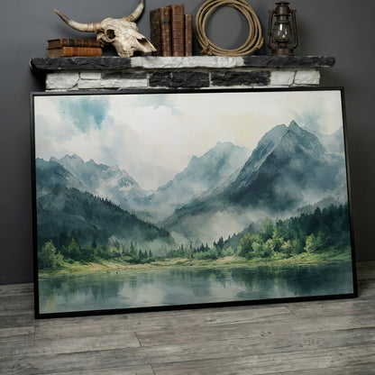 Watercolor Mountains and Forest Canvas Print in black floating frame