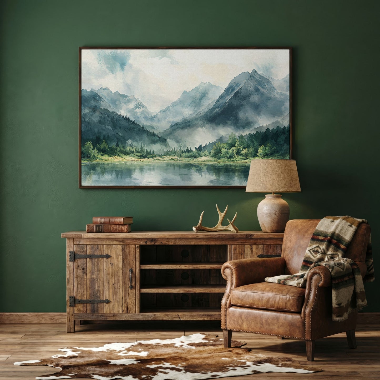 Watercolor Mountains and Forest Canvas Print in dark walnut floating frame
