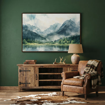 Watercolor Mountains and Forest Canvas Print in dark walnut floating frame