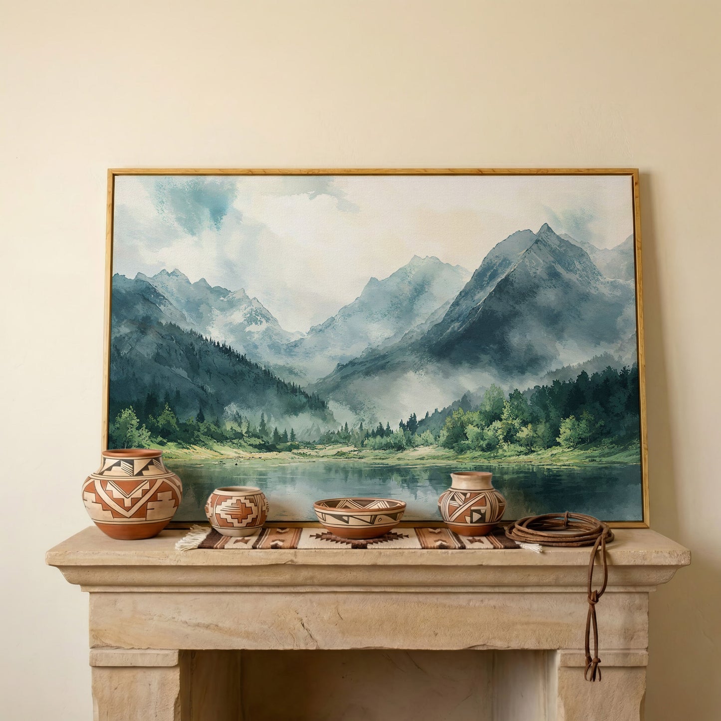 Watercolor Mountains and Forest Canvas Print in white oak floating frame