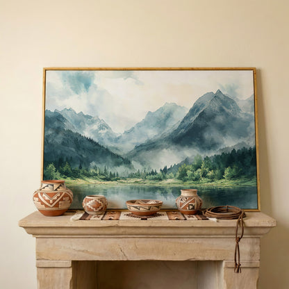 Watercolor Mountains and Forest Canvas Print in white oak floating frame