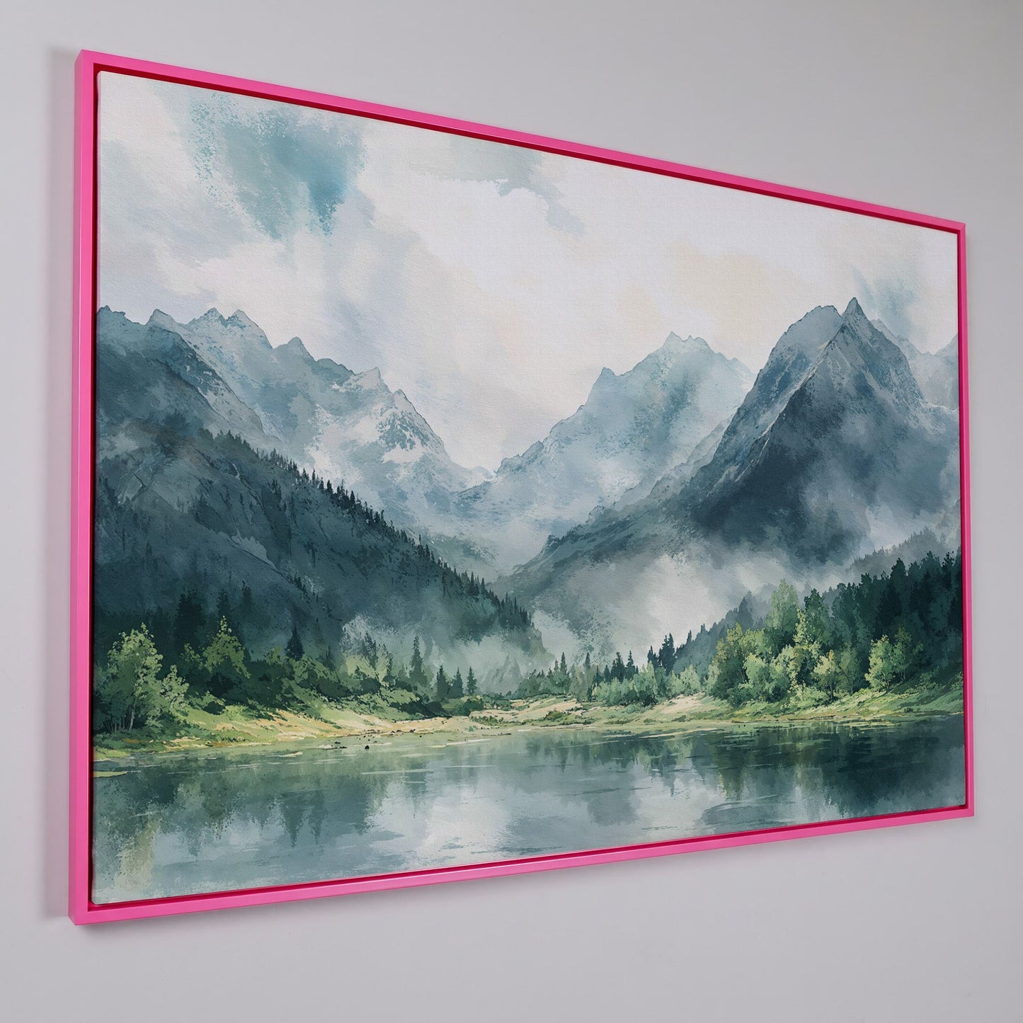 Watercolor Mountains and Forest Canvas Print in pink floating frame