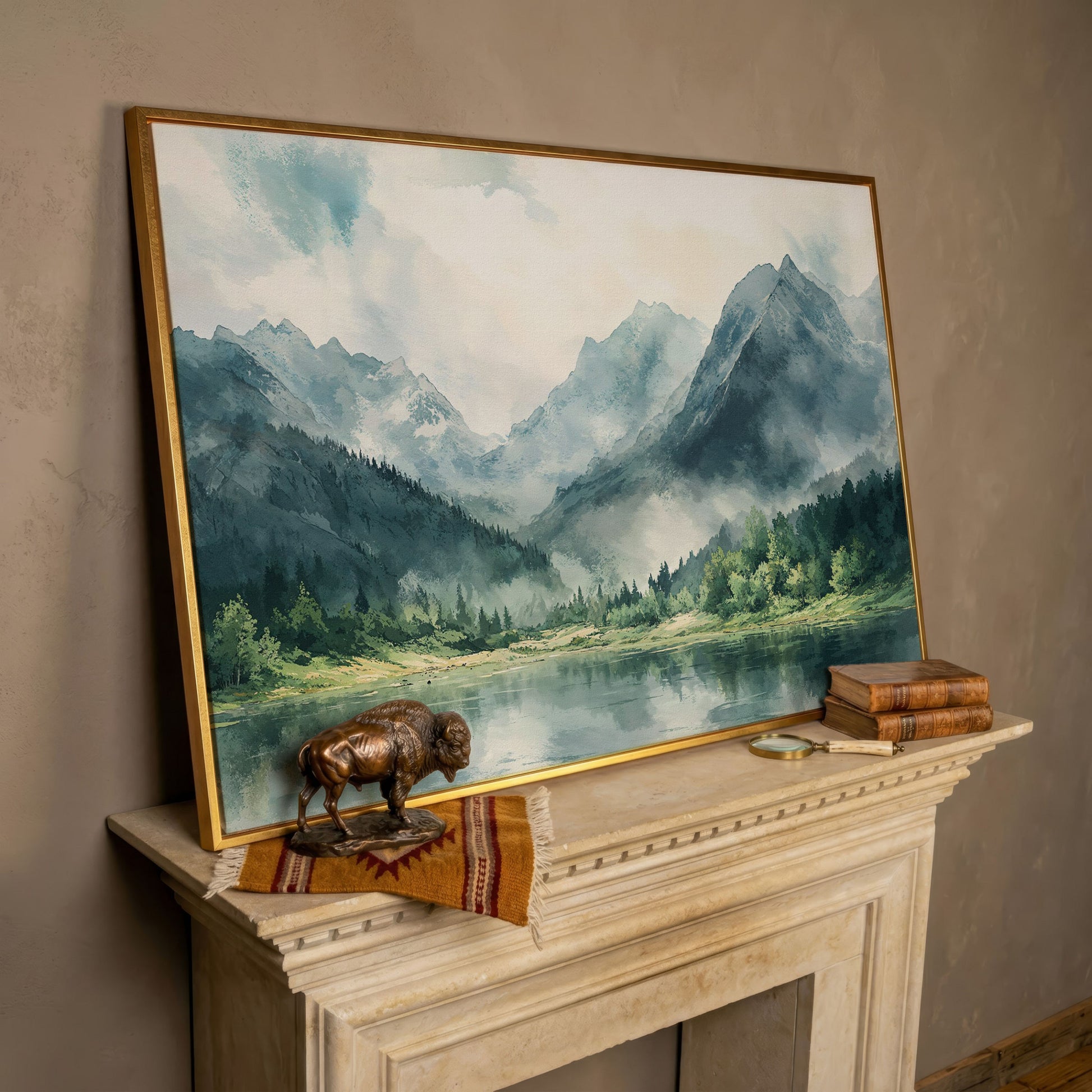 Watercolor Mountains and Forest Canvas Print in rose gold floating frame