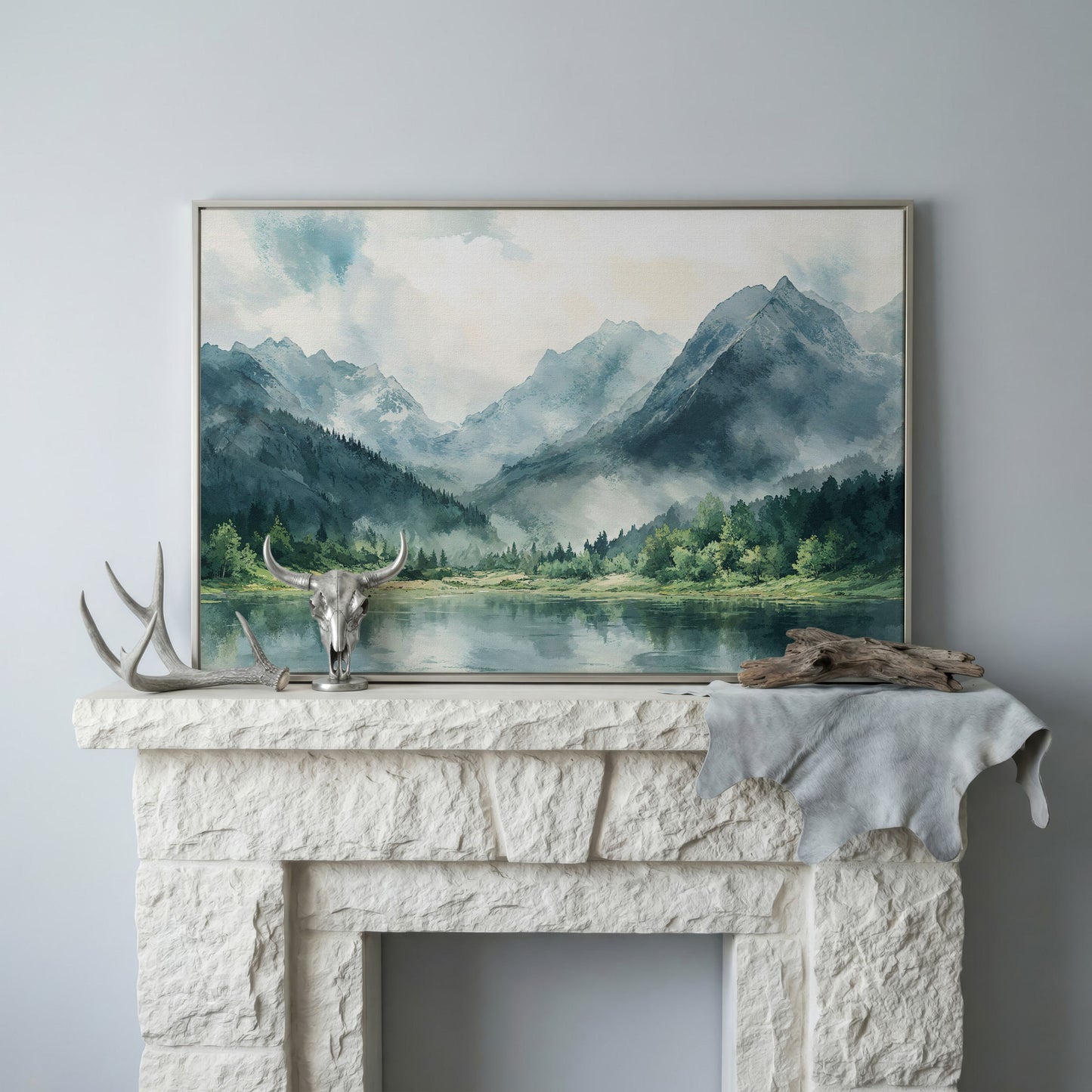 Watercolor Mountains and Forest Canvas Print in silver floating frame