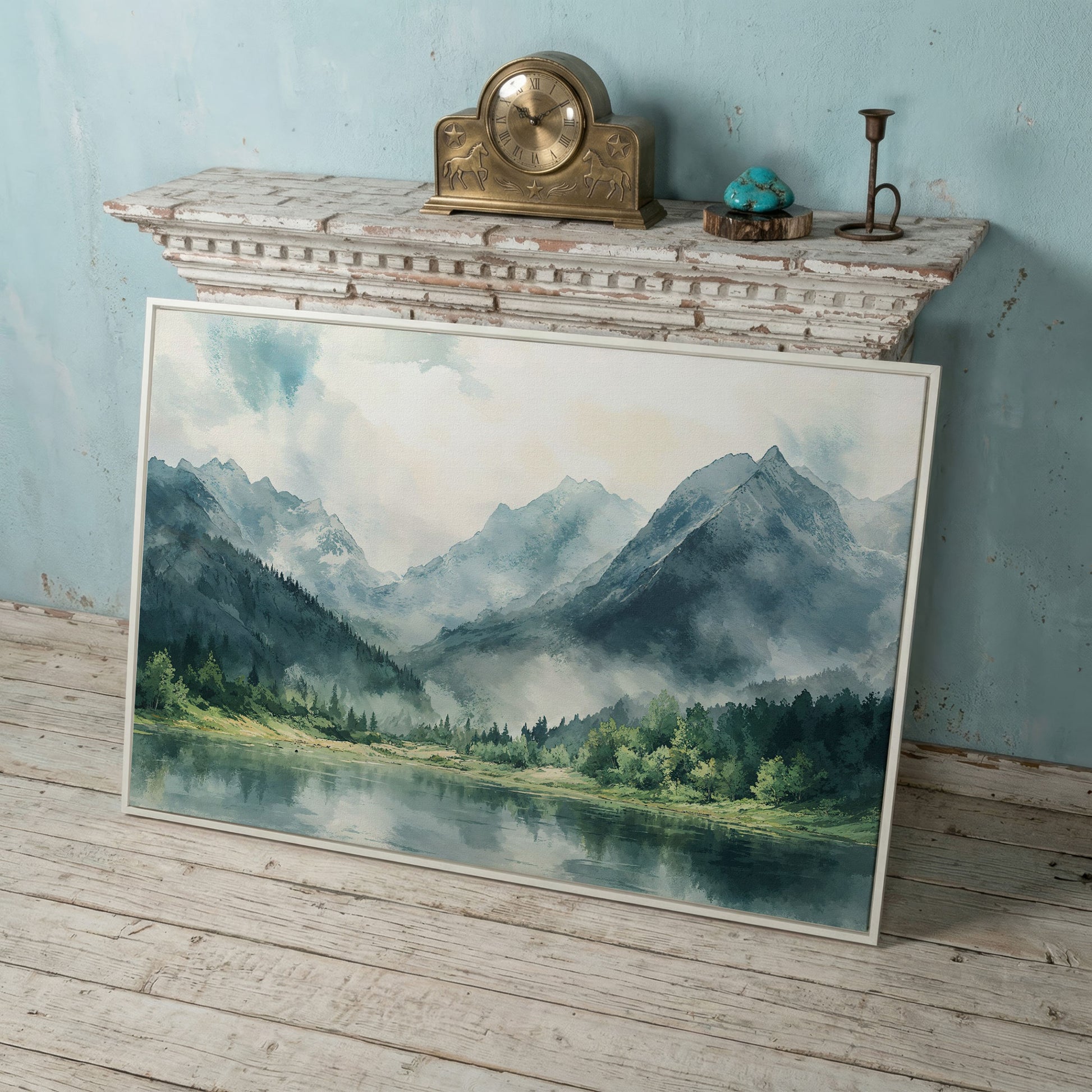 Watercolor Mountains and Forest Canvas Print in white floating frame