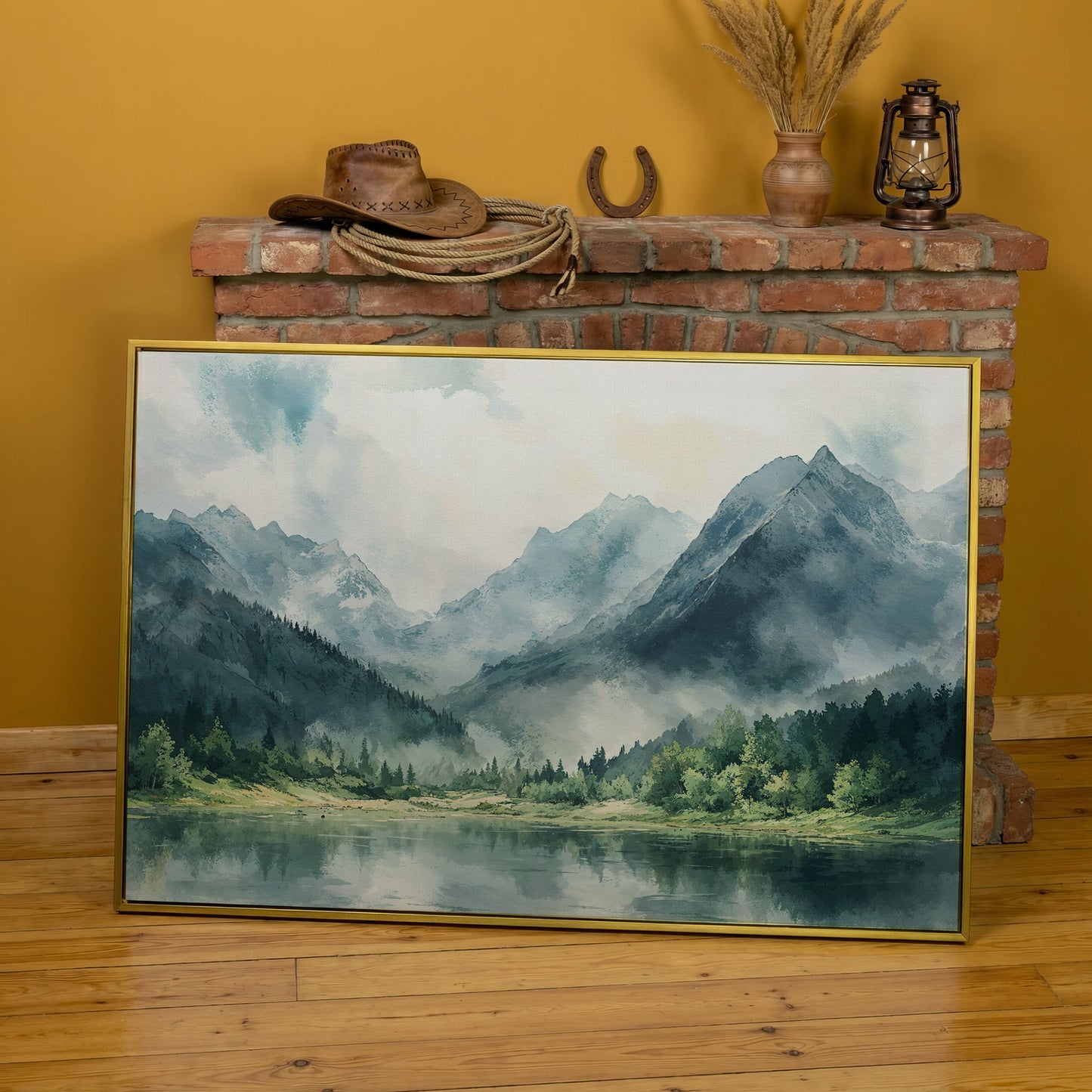 Watercolor Mountains and Forest Canvas Print in yellow gold floating frame