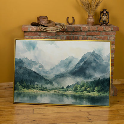 Watercolor Mountains and Forest Canvas Print in yellow gold floating frame