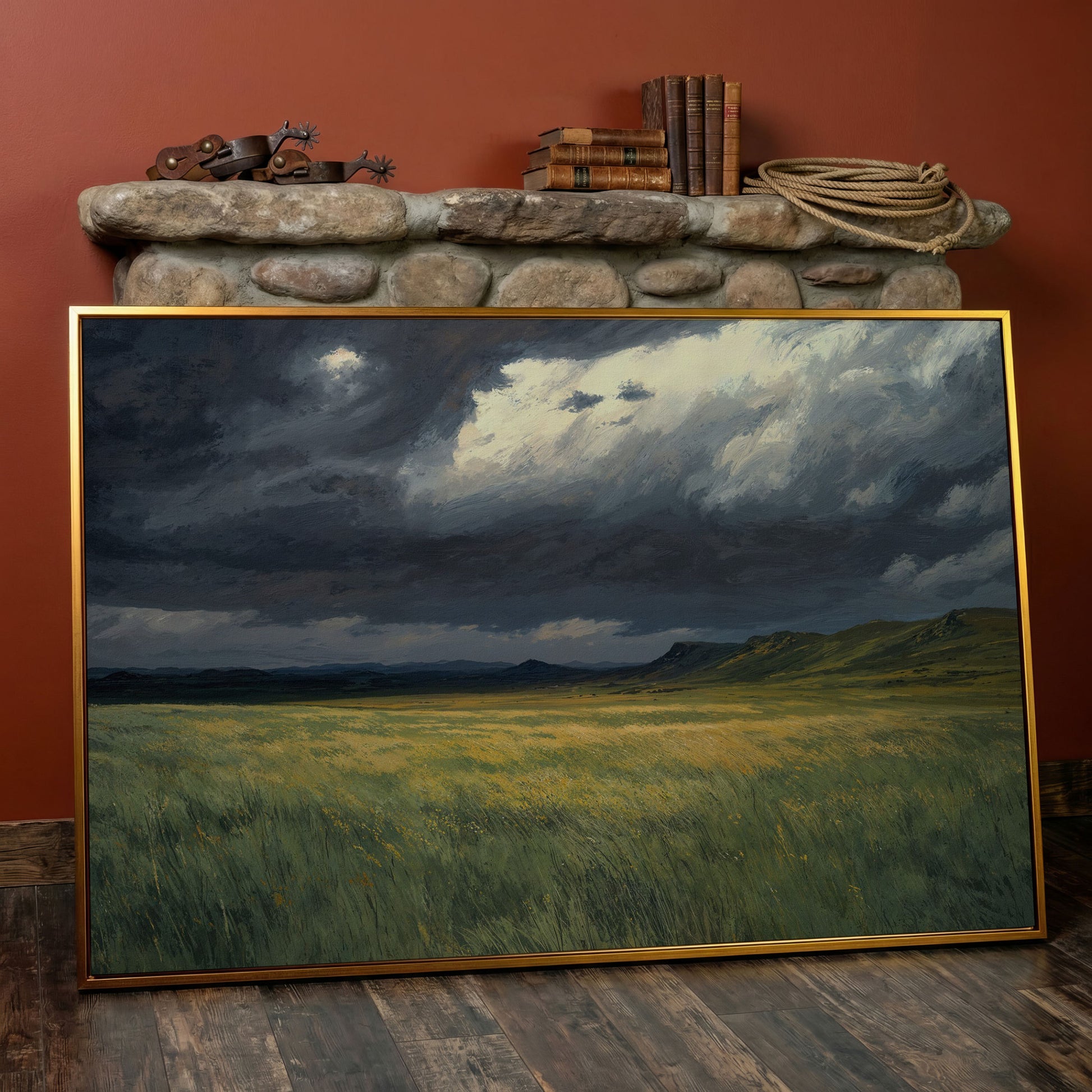 Serene Sky Over Prairie Fields Canvas in antique gold floating frame