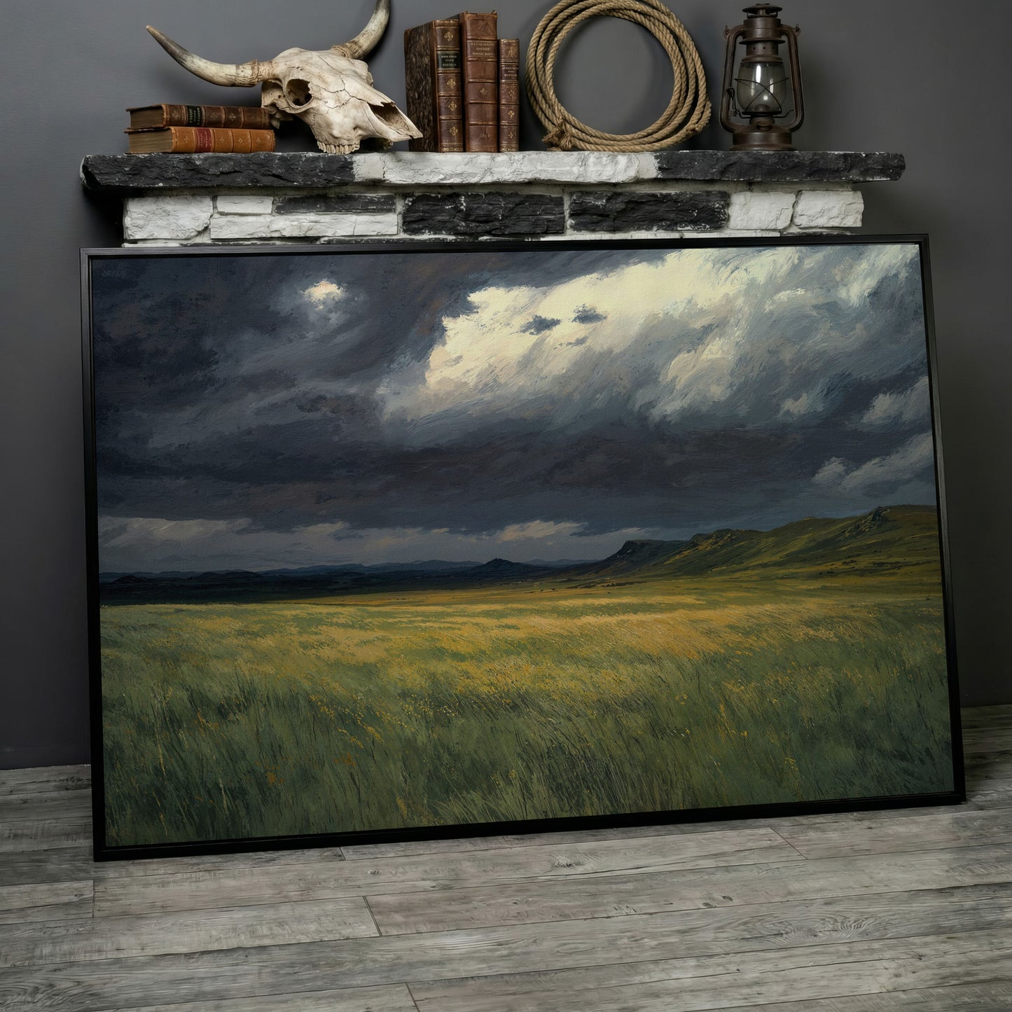 Serene Sky Over Prairie Fields Canvas in black floating frame